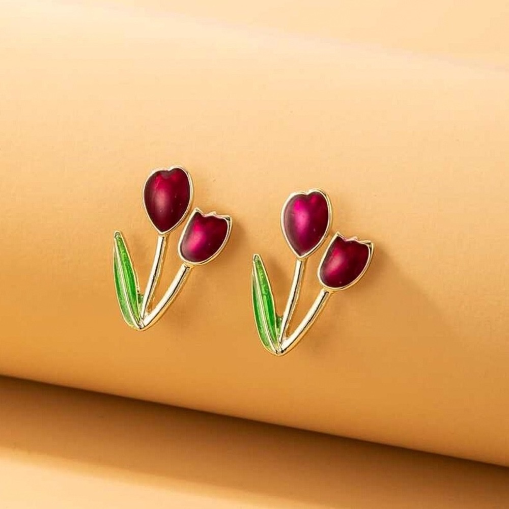 Any 2/$20! Gold & Red Double Tulip Stud Earrings - Picture 4 of 8